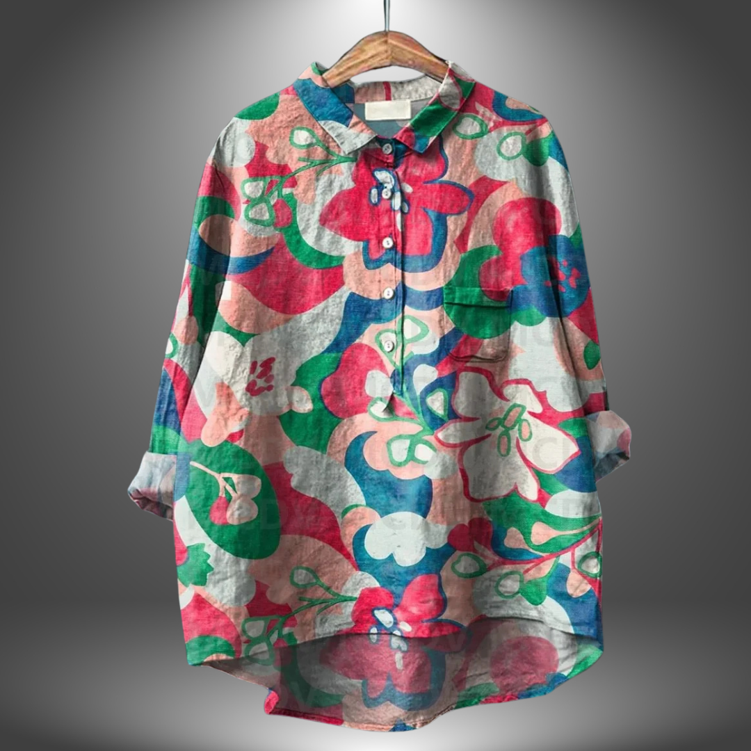 Orsolya - Losvallende damesblouse met kunstzinnige print en kraag