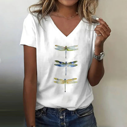 Aenor  - Dames v-hals t-shirt met libellenprint