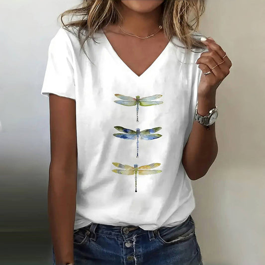 Aenor  - Dames v-hals t-shirt met libellenprint