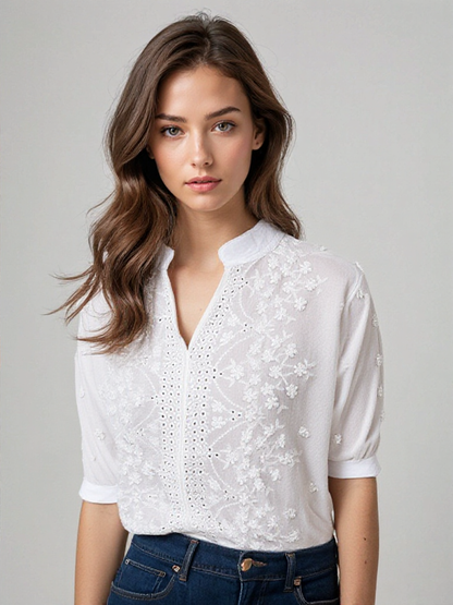 Blossom & Lace | Modieuze blouse wit kant korte mouwen