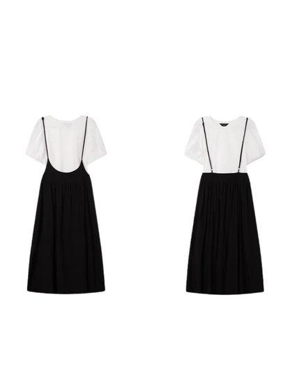 Lidia – Dames set met pofmouwtop en midirok met bandjes