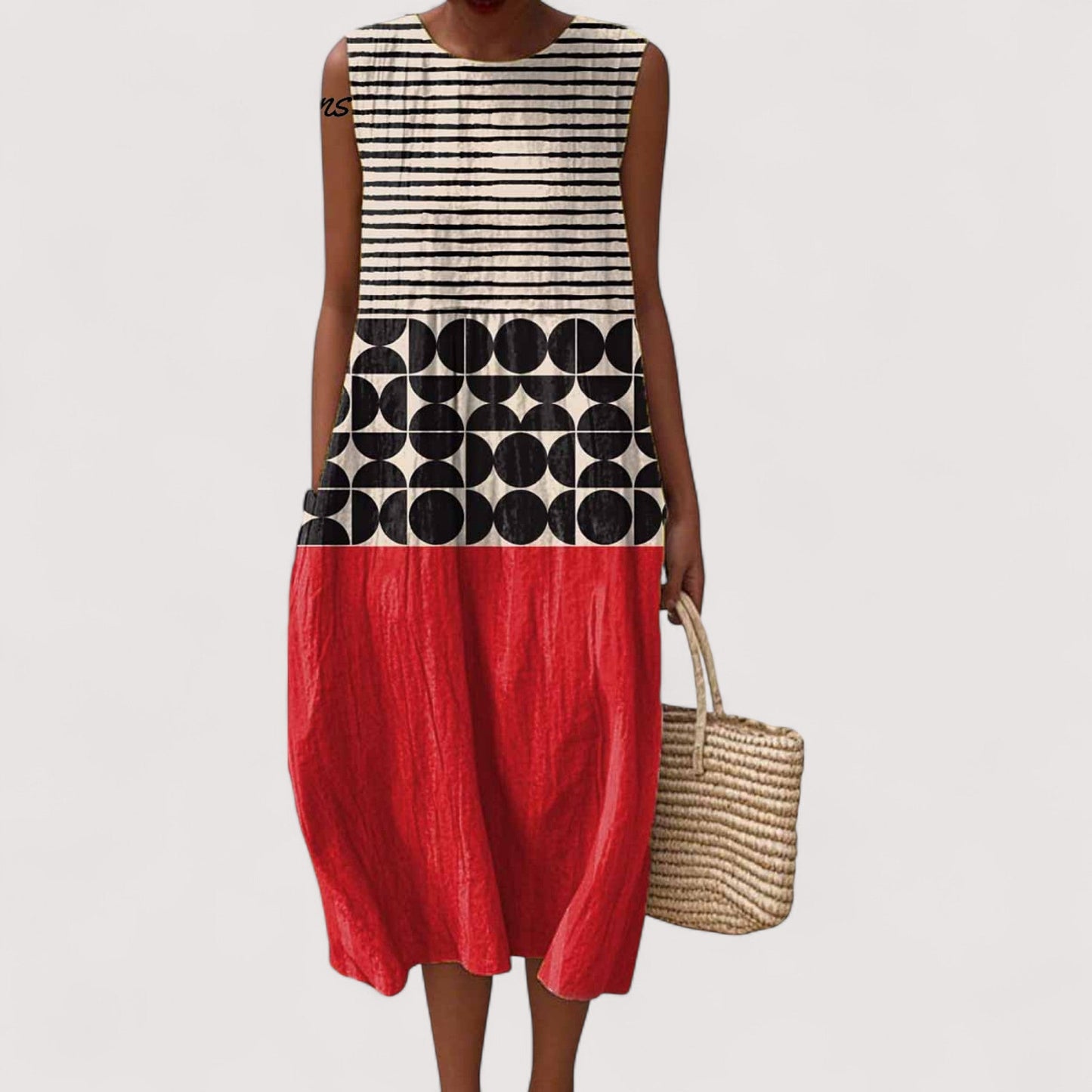 Chelsie – Dames midi jurk met grafisch kleurvlak en loose fit
