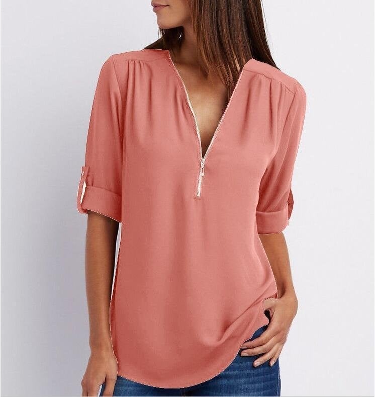 Jacquette - Dames top met halve rits en opgerolde mouwen