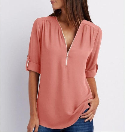 Jacquette - Dames top met halve rits en opgerolde mouwen