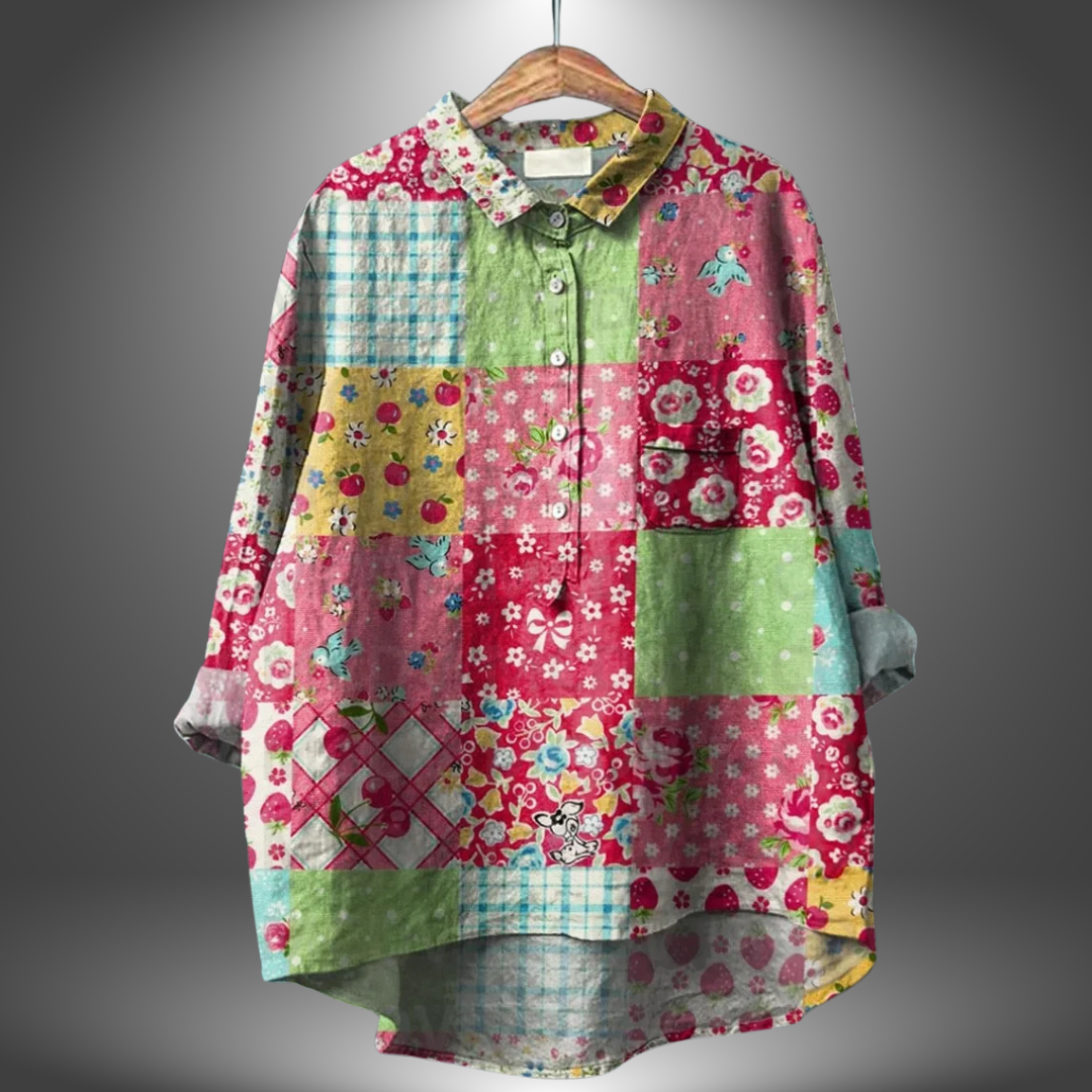 Orsolya - Losvallende damesblouse met kunstzinnige print en kraag