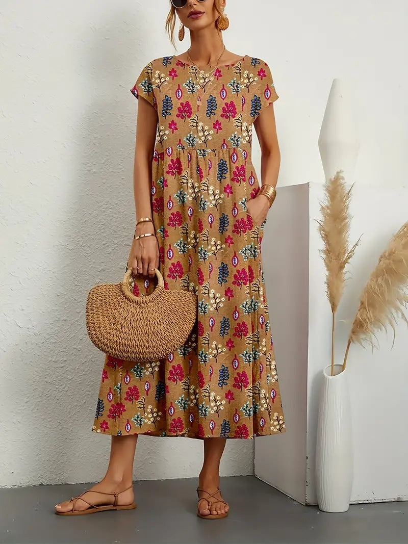 Zita - Dames midi jurk met grafische print en korte mouw