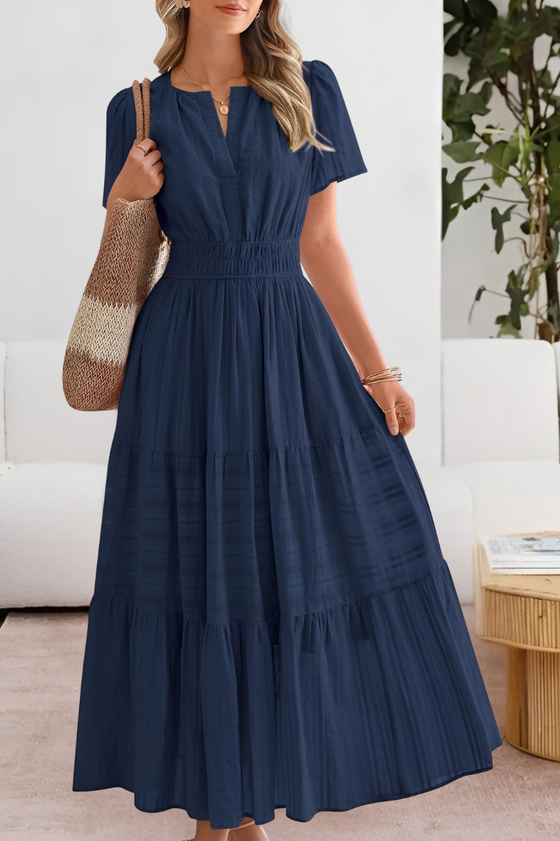 Małgorzata - Dames maxi jurk met gesmokte taille en korte mouwen
