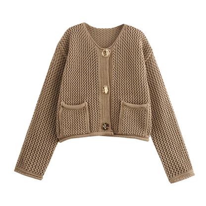 Saron - Kaki gebreid en geknoopt vest met charme
