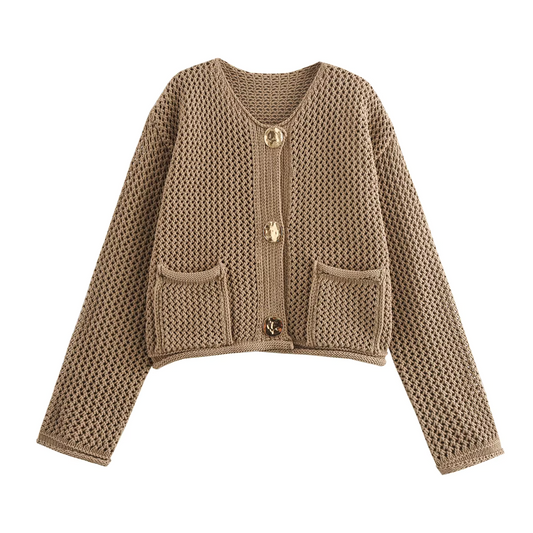 Saron - Kaki gebreid en geknoopt vest met charme