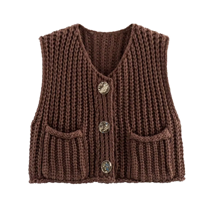 Lady - Bruine gebreide damesblazer met knoopjes