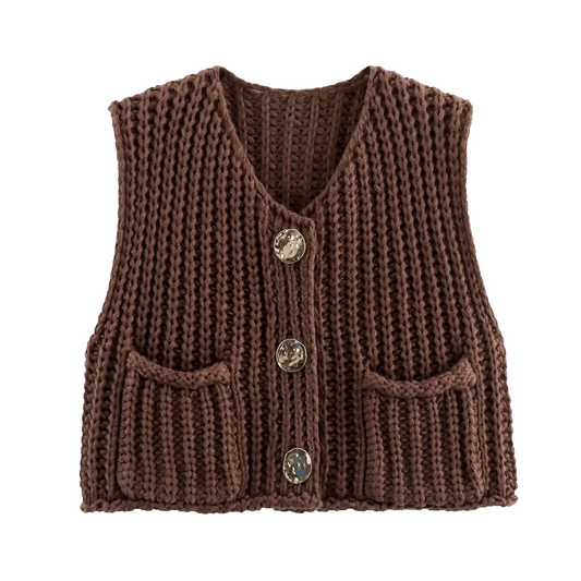 Lady - Bruine gebreide damesblazer met knoopjes