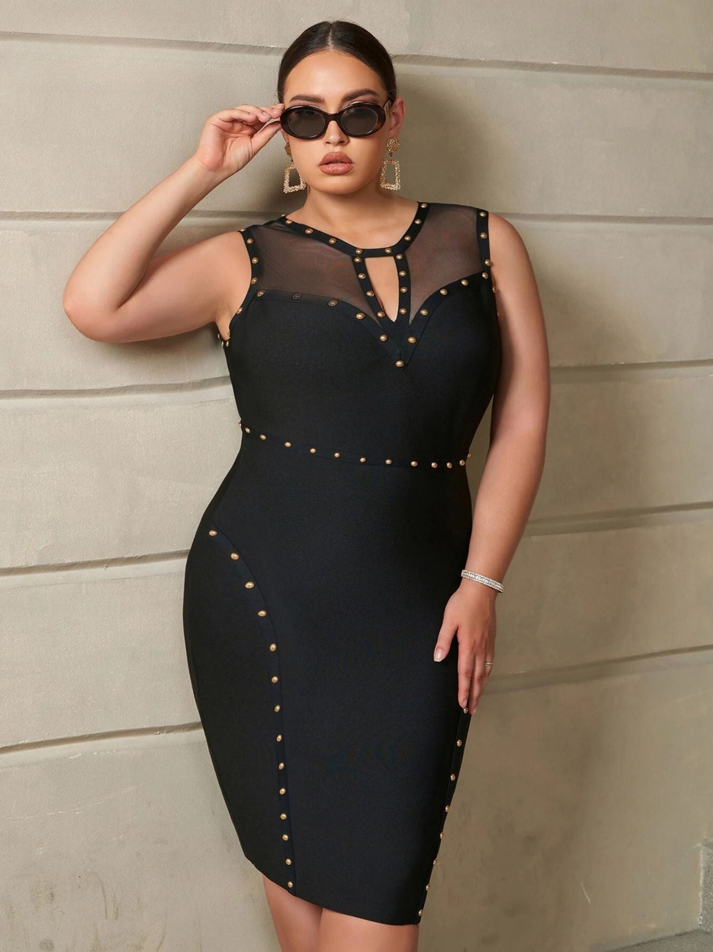 Estelle - Elegante midi-jurk met meshdetail en studs voor dames