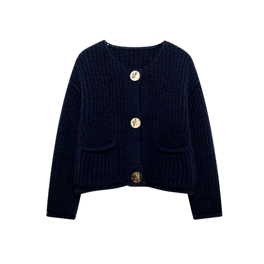 Varmi - Navy gebreid en geknoopt vest met charme