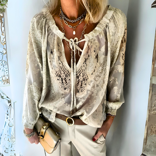 Zenzi - Dames blouse met kanten details en strikkoord