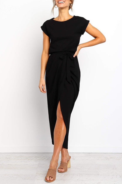 Jodie - Dames splitjurk met ceintuur en opgerolde mouwen