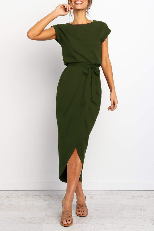 Jodie - Dames splitjurk met ceintuur en opgerolde mouwen