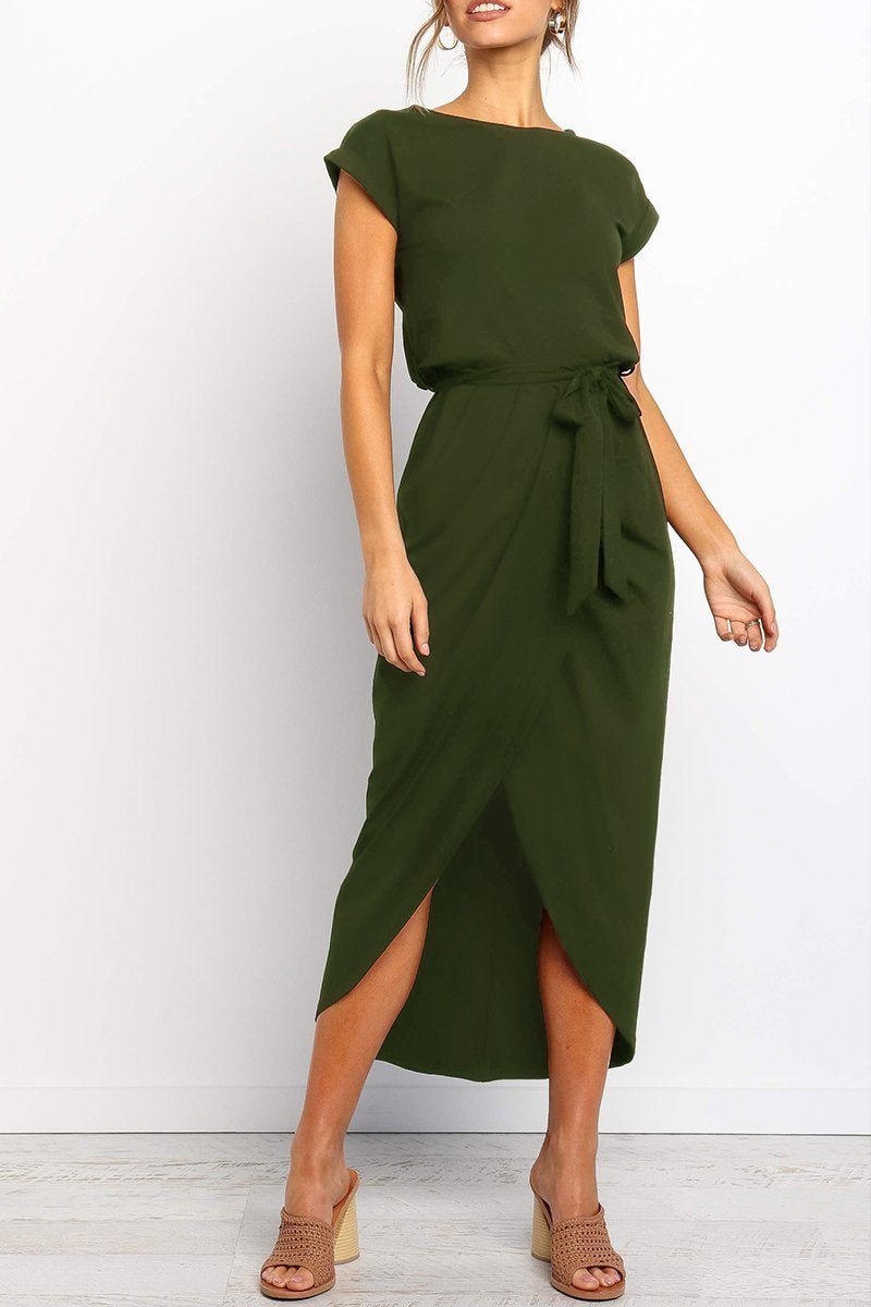 Jodie - Dames splitjurk met ceintuur en opgerolde mouwen