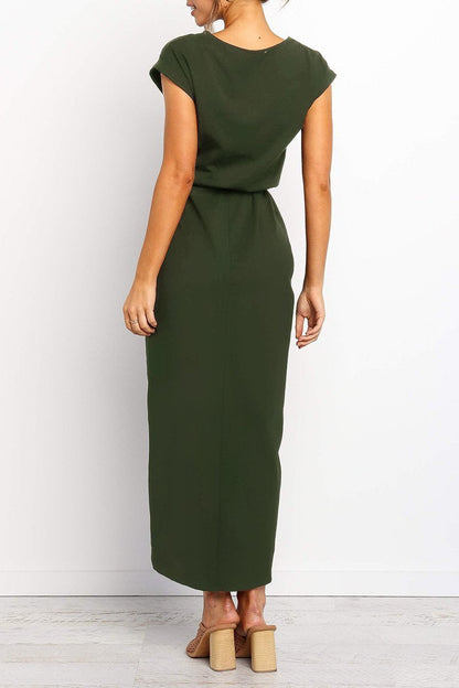 Jodie - Dames splitjurk met ceintuur en opgerolde mouwen