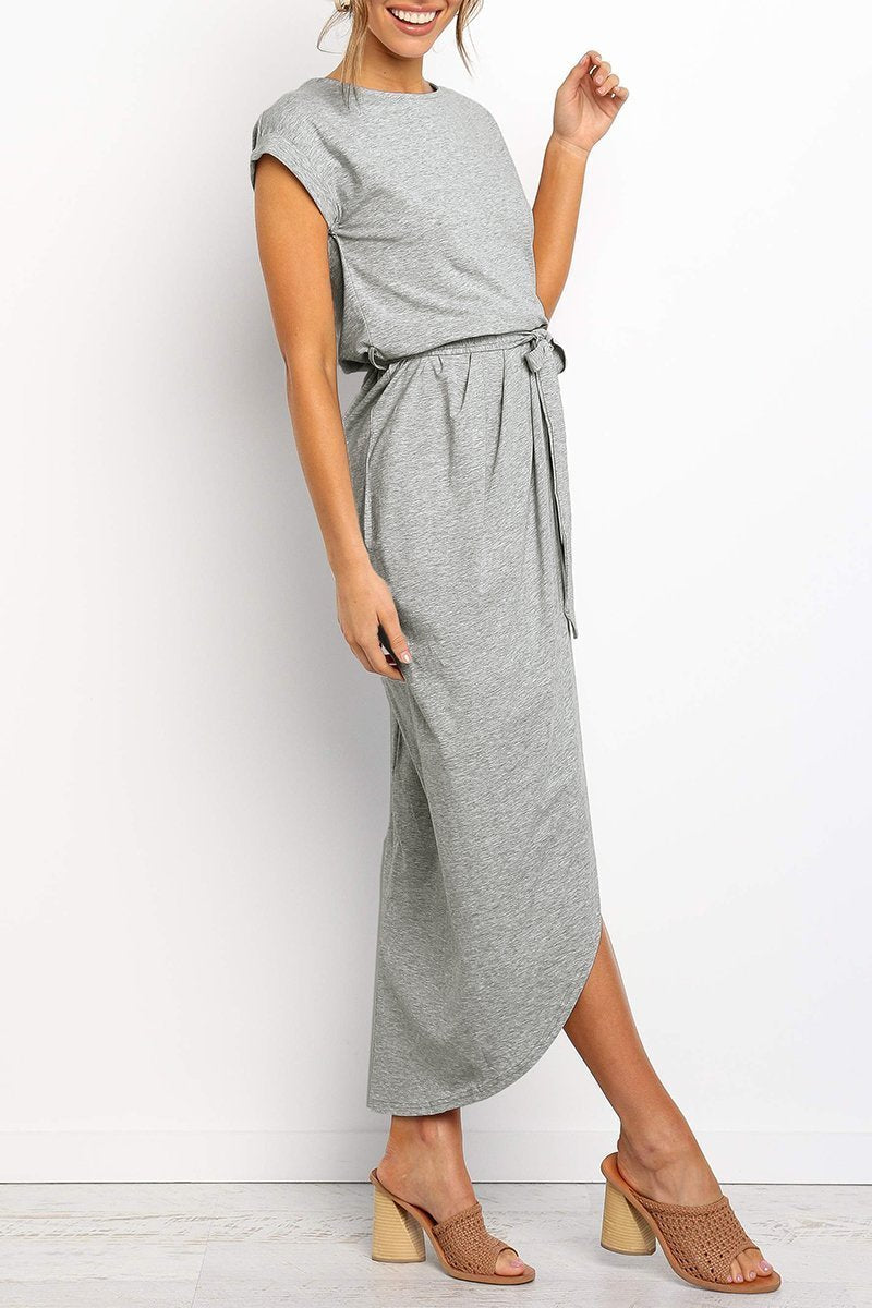 Jodie - Dames splitjurk met ceintuur en opgerolde mouwen