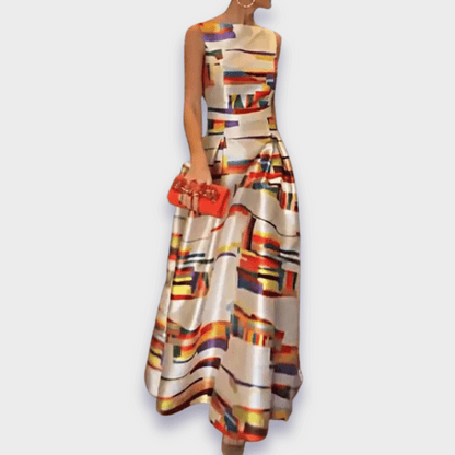 Camelia - Mouwloze dames avondjurk met grafische print en hoge taille