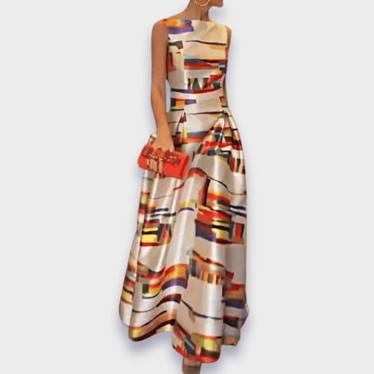 Camelia - Mouwloze dames avondjurk met grafische print en hoge taille