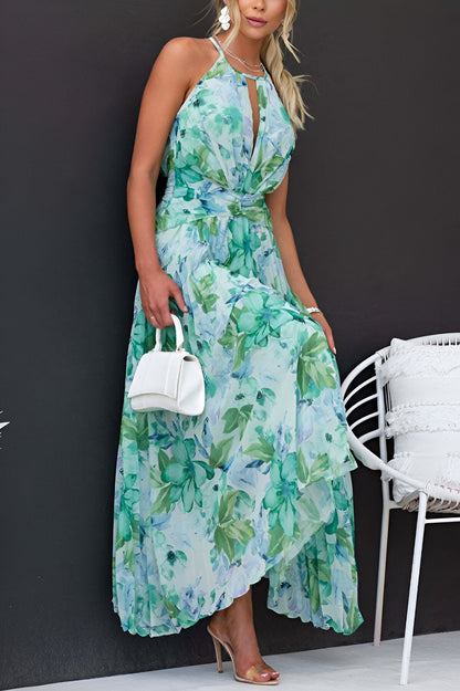Gytha - Maxi hakter jurk met plissé en florale print