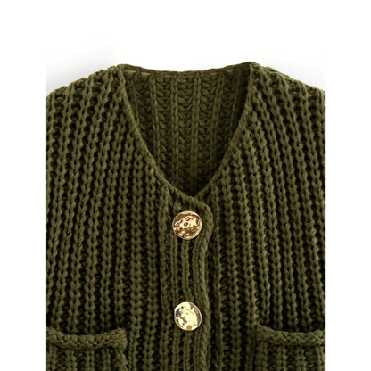 Neva - Olijfgroene gebreide en knoopachtige blazer