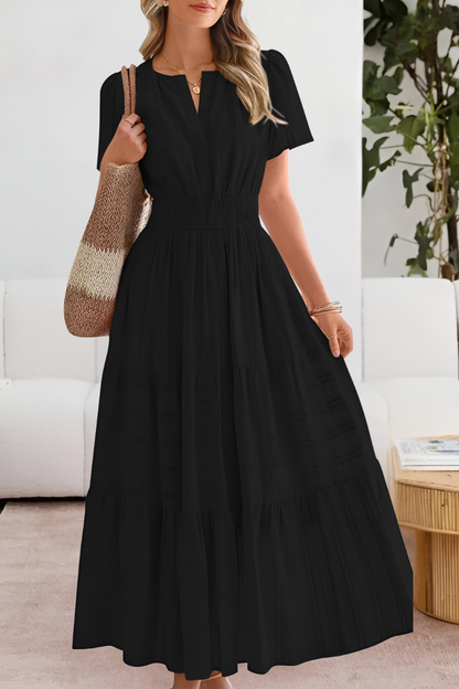 Małgorzata - Dames maxi jurk met gesmokte taille en korte mouwen