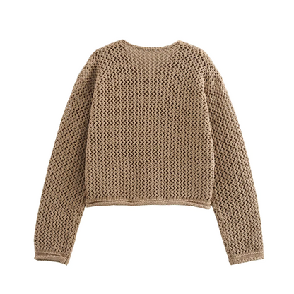 Saron - Kaki gebreid en geknoopt vest met charme