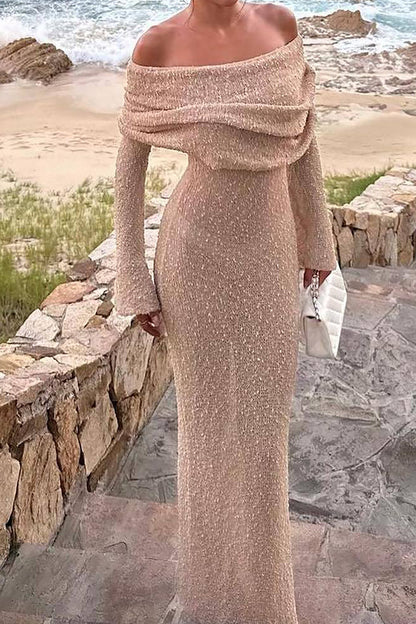 Rowen - Off-shoulder gebreide maxi-jurk met lange mouwen