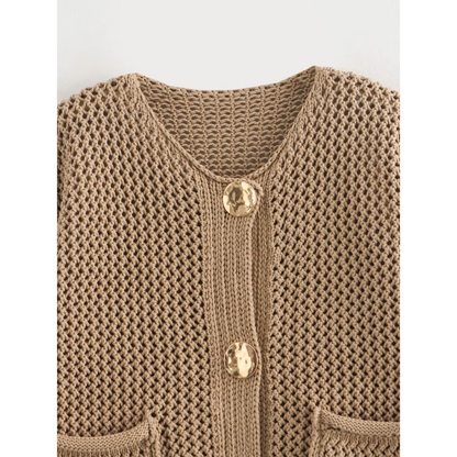 Saron - Kaki gebreid en geknoopt vest met charme