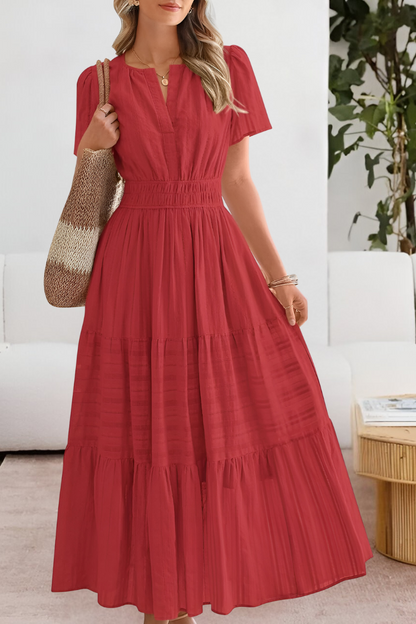 Małgorzata - Dames maxi jurk met gesmokte taille en korte mouwen
