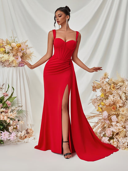 Kamiyah - Gedrapeerde korset maxi-jurk met schouderbandjes en hoge split voor vrouwen