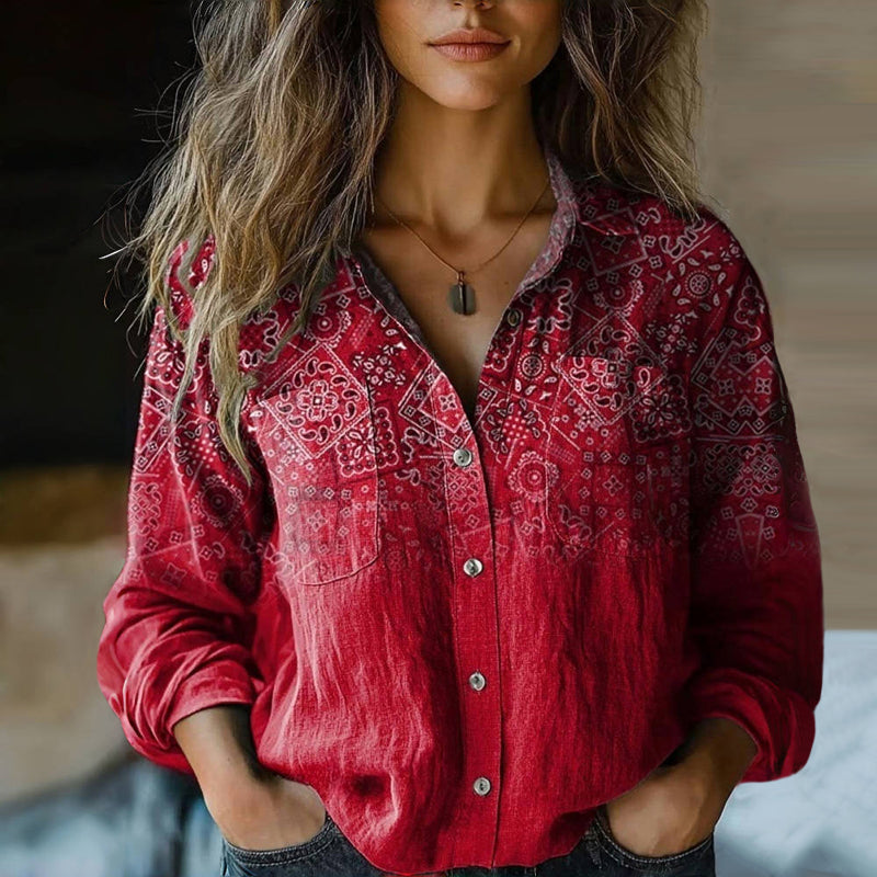 Eufemia - Dames blouse met knopen en folkloristische print