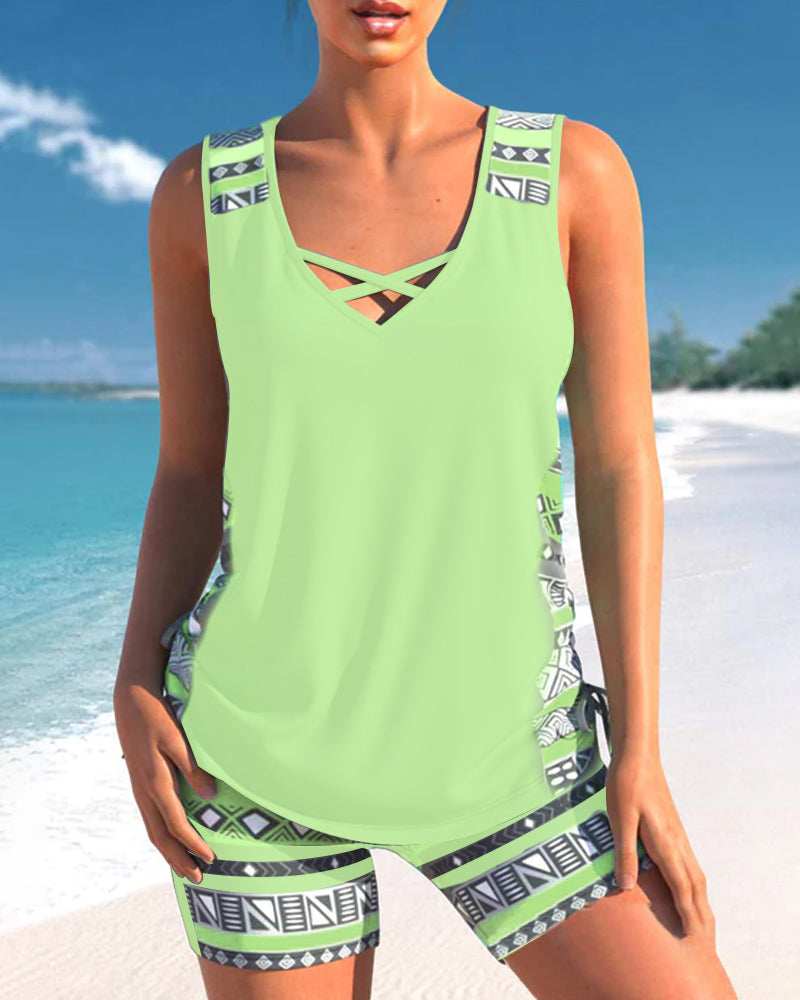 SummerSure - Tankini badpak bikini beachcover V-hals en geometrische print