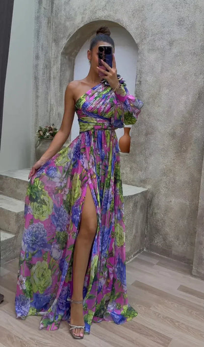 Sunny Elegance - One shoulder flower maxi zomerjurk