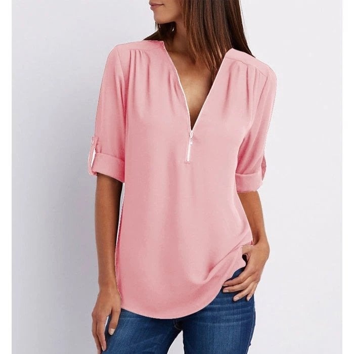 Jacquette - Dames top met halve rits en opgerolde mouwen