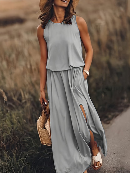 Sophia – Mouwloze maxi zomerjurk met split voor dames