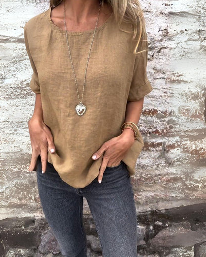 Daniela - Casual dames top met ronde hals en opgerolde mouw
