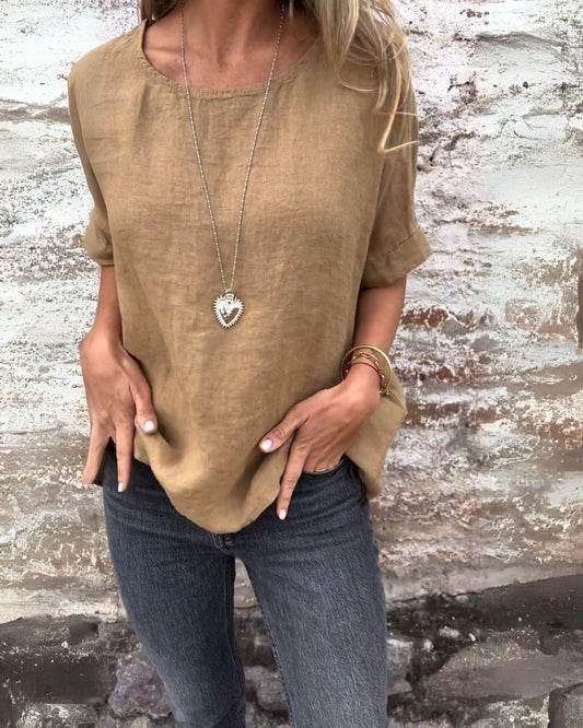 Daniela - Casual dames top met ronde hals en opgerolde mouw