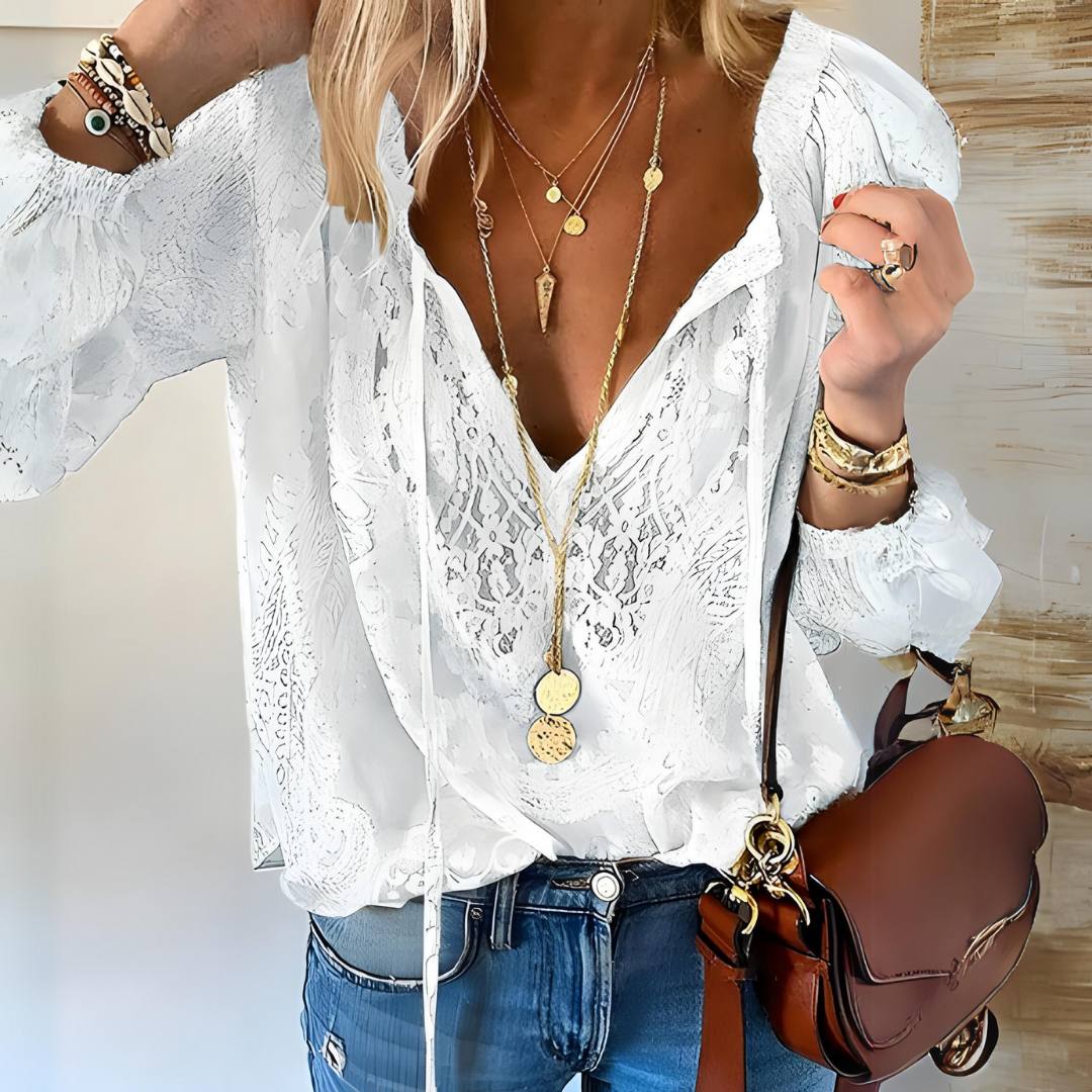 Zenzi - Dames blouse met kanten details en strikkoord