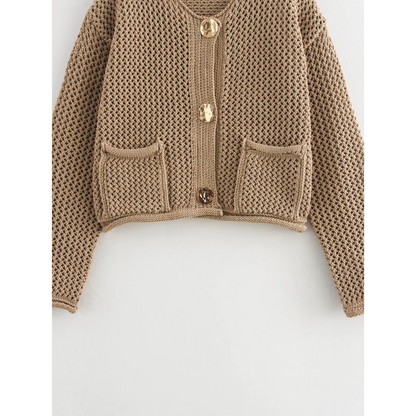 Saron - Kaki gebreid en geknoopt vest met charme
