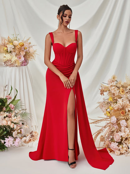 Kamiyah - Gedrapeerde korset maxi-jurk met schouderbandjes en hoge split voor vrouwen