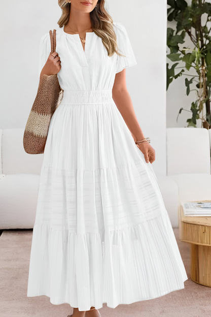 Małgorzata - Dames maxi jurk met gesmokte taille en korte mouwen