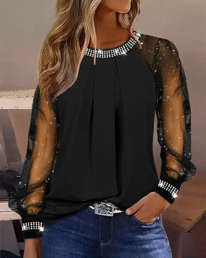 Jasmina - Dames top met transparante mouwen en strassdetails