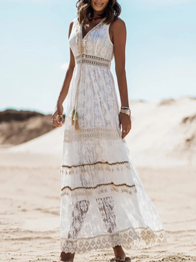 Lucrezia Mouwloze maxi zomerjurk met boho details voor dames