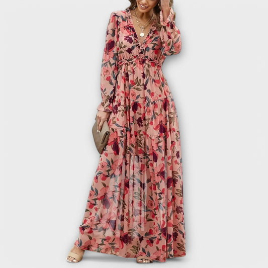 Monika - Bloemenprint maxi jurk met v-hals voor dames