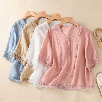 Rhiannon - V-hals knoopblouse met kantdetails voor dames