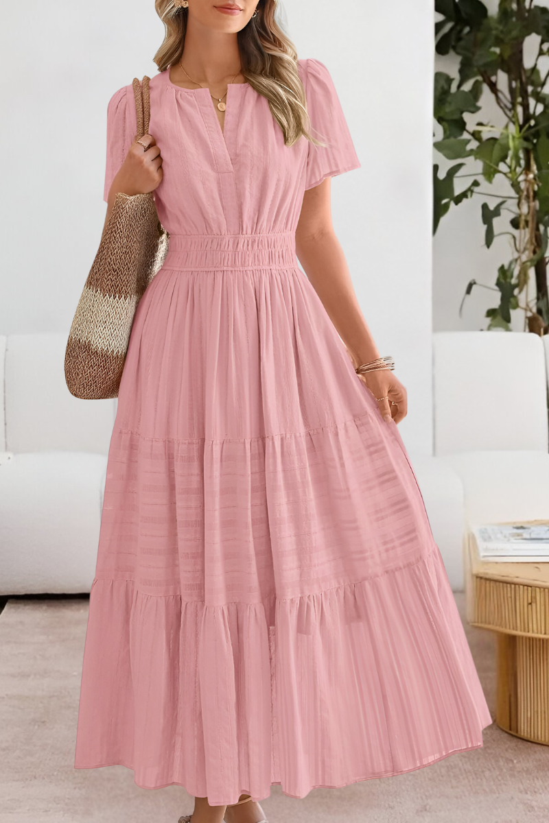 Małgorzata - Dames maxi jurk met gesmokte taille en korte mouwen