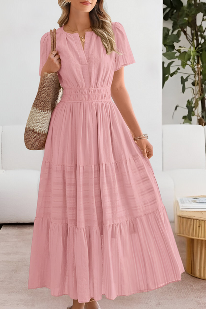 Małgorzata - Dames maxi jurk met gesmokte taille en korte mouwen